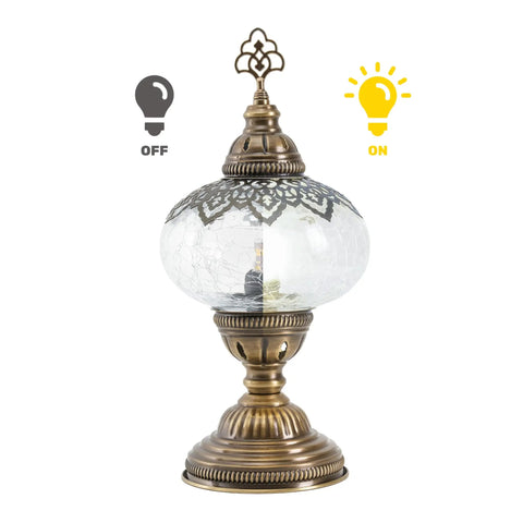 Cracked Clear Moroccan Mosaic Table Lamp With Handmade Turkish Glass Light Bulb Included shown off and on