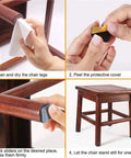 Self Adhesive Furniture Sliders For Carpet Hardwood And Tile Floors With 30Mm Chair Leg Glides shown in application steps on wooden chair legs.