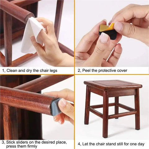 Self Adhesive Furniture Sliders For Carpet Hardwood And Tile Floors With 30Mm Chair Leg Glides shown in application steps on wooden chair legs.