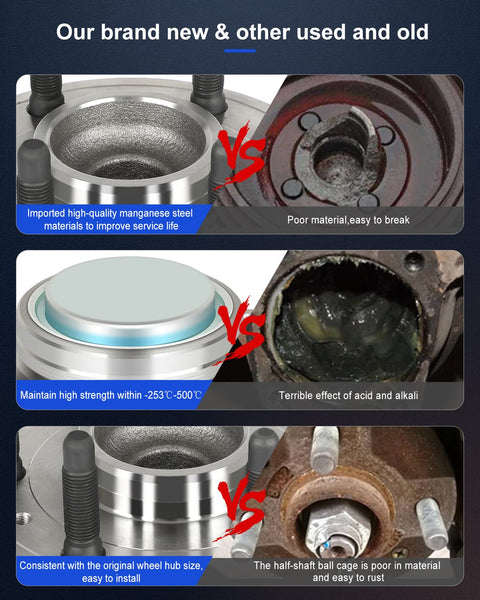 Comparison of new and used front 6 lug wheel hub bearing assembly with ABS for Chevy GMC Cadillac