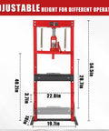 Rock Solid 12 Ton Hydraulic Shop Press Heavy Duty H Frame Benchtop With Swivel Base And Black Powder Coat dimensions with adjustable height.