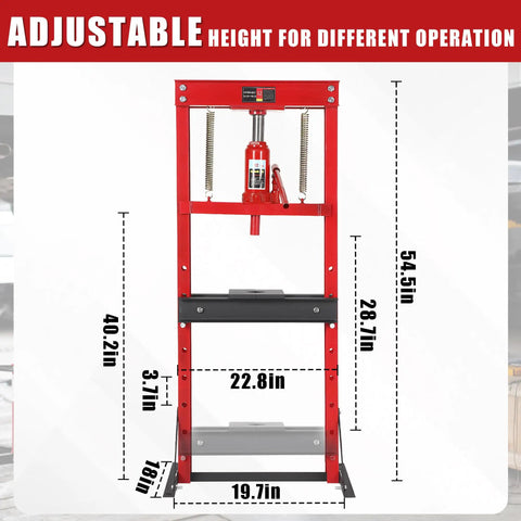 Rock Solid 12 Ton Hydraulic Shop Press Heavy Duty H Frame Benchtop With Swivel Base And Black Powder Coat dimensions with adjustable height.