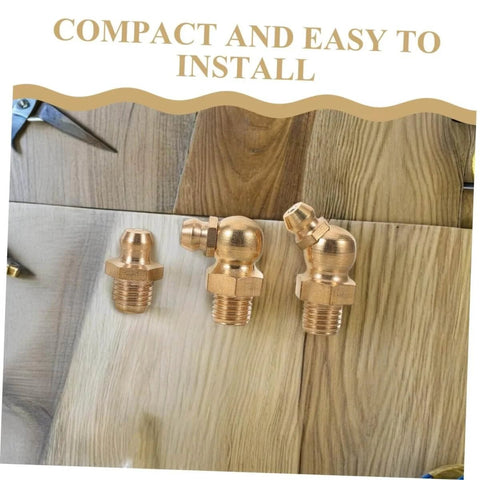 9 Piece Copper Threaded Grease Fittings Kit With Straight And Angled Nipples For Cars And Excavators on wooden surface