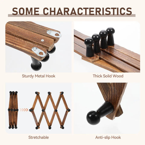 Expandable Accordion Wall Rack For Hats Coats Scarves And Purses Wood X Shape Coat Organizer With Ten Peg Hooks features