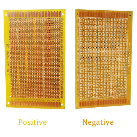 Five Pack 9 By 15 Cm Single Sided Perf Board Stripboard For DIY Electronics And Arduino Projects FR4 Copper Clad Breadboard Soldering Board With 2.54 Millimeter Hole Grid Great For Prototyping And Tinkering, showing both positive and negative sides