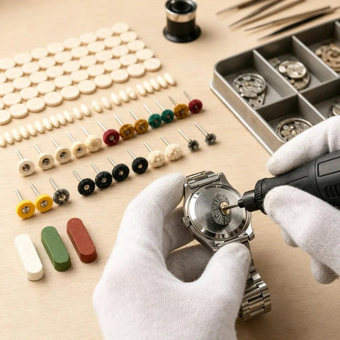 Working on a watch with a rotary tool and polishing wheels from the 237-piece Polishing Buffing Wheel Kit for metal work.