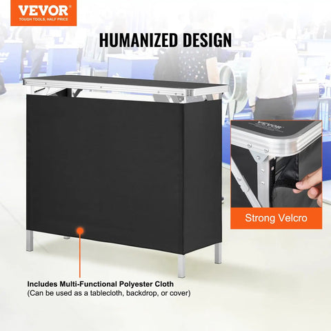 Foldable Portable Bar Table For Indoor And Outdoor Events With Carrying Case Storage Shelf And Black Skirt Tradeshow Podium setup