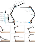 Diagram showing Metal Swing Arm Led Desk Lamp With Clamp dimensions and features, including 270-degree rotation and 10 brightness levels.