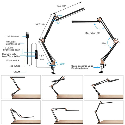 Diagram showing Metal Swing Arm Led Desk Lamp With Clamp dimensions and features, including 270-degree rotation and 10 brightness levels.