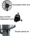 Floorstand Mist Fan With Oscillating Head And Adjustable Height showing encrypted mesh cover, independent spray and fan controls.