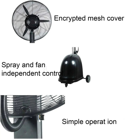 Floorstand Mist Fan With Oscillating Head And Adjustable Height showing encrypted mesh cover, independent spray and fan controls.