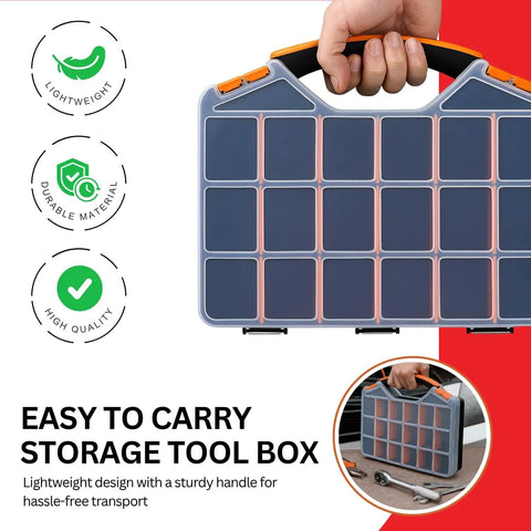 Person holding Two Pack 18 Compartment Portable Hardware Organizer Box With Removable Dividers For Screws Nuts Bolts Nails