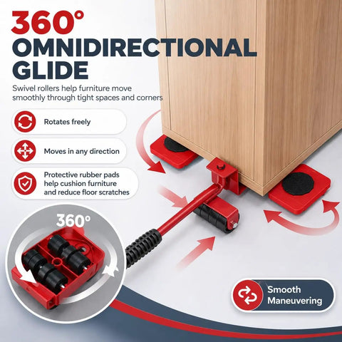 360° swivel rollers and heavy-duty lifter from One Person Move Kit With Heavy Duty Appliance Lifter And Wheeled Furniture Sliders