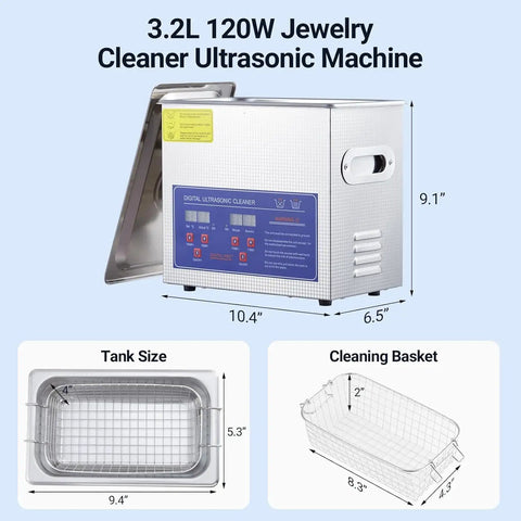 Digital Ultrasonic Cleaner 3.2L Tank With Heater And Timer For Jewelry Glasses Watches Dentures And Small Parts 40kHz Stainless Steel Machine dimensions