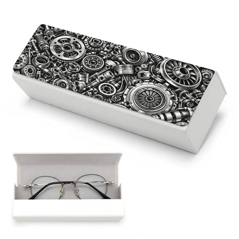Industrial Metal Gear Textured Leather Eyeglass Case With Heavy Duty Magnetic Closure And Ultra Soft Velvet Lining for glasses in case.