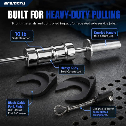 Professional 10 Lb Slide Hammer Inner CV Joint Puller Kit for FWD and AWD Axle Removal Tool components, showing steel hammer and black forks.
