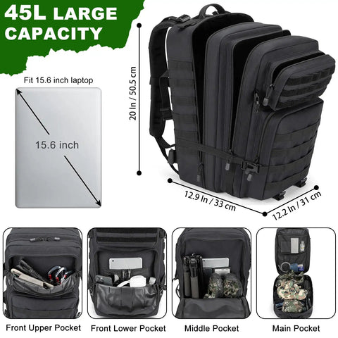 Rugged 45L Tactical Backpack Water Resistant MOLLE EDC Pack Large 3 Day Bug Out Bag For Men And Women open view, pockets display