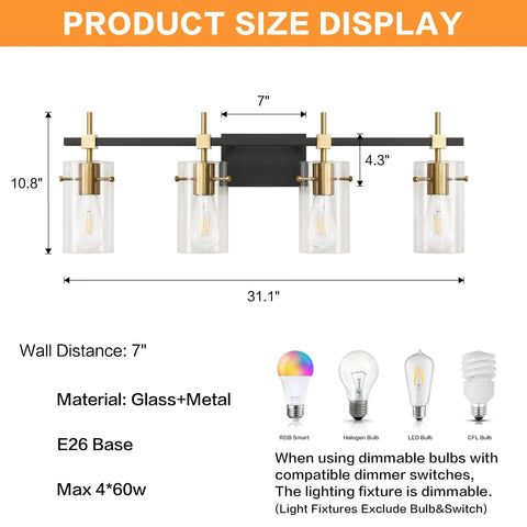 Farmhouse Brass Bathroom Vanity Lights Over Mirror Vintage Wall Sconce Fixtures With Glass Shade Four Light Fixtures