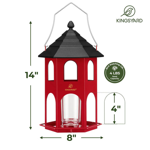 Heavy Duty Metal Bird Feeder For Outdoor Hanging With Circular Perch, Squirrel Proof Chew Proof Design, Weatherproof And Rust Resistant Finish, Easy To Clean And Refill, 4 Lb Seed Capacity, Red.