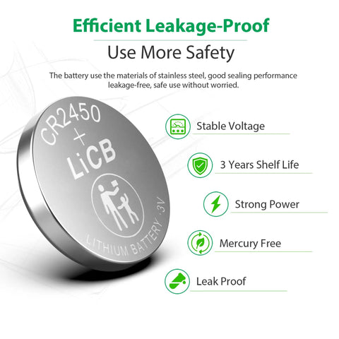CR2450 3V Lithium Batteries 10 Pack Grade A Coin Cell Power for automotive key fobs with leakage-proof design and stainless steel.