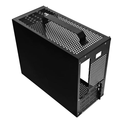 Top and rear view of V500 Mini Portable ITX Case With Handle, Full Side Transparent Acrylic DIY Desktop Mini Tower For MATX Builds, Black