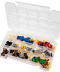 Compact Plastic Portable Parts Storage Case With Hinged Lid And Four Adjustable Dividers, filled with small toy figures.