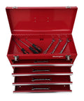 Open red Portable Metal Tool Chest With 4 Drawers 20 Inch Cabinet Ball Bearing Drawer Slides Double Latch Pad Lock System 22 Gauge Steel