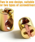 10 Piece M6 Barrel Nut Set Slotted Barrel Cross Dowel Nuts For Furniture Bed Crib And Chairs Hardware Replacement Durable Carbon Steel Easy Install Secure Fit Heavy Duty Bulk Pack Great For DIY Crib Parts And Furniture Repair showing two gold-finished nuts with slotted design