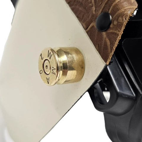 Close-up of a built tough heavy duty aluminum welding hood fasteners set with brass accents and silicone washer for non slip flip hood.