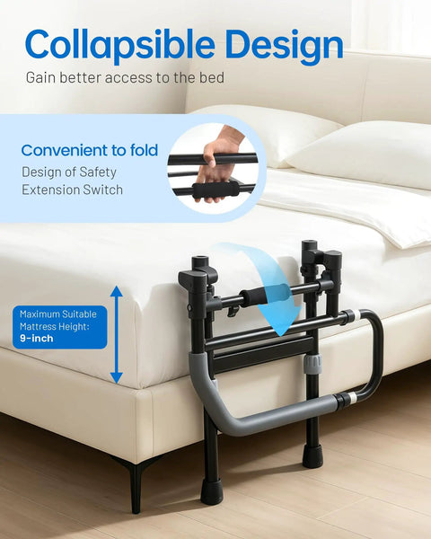 Foldable Bed Rail With Adjustable Height And Built In Storage Pocket For Seniors And Post Surgery Recovery next to bed