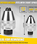 Heavy Duty Cr Mo Steel Stud Extractor Set With 1/4 And 3/8 Drive showing tapered design and dimensions for removing stripped bolts.