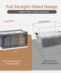 Hella Spacious Clear Stackable Storage Bins Three Pack With Lids And Rolling Wheels Collapsible Containers For Clothes Linens And Office Supplies No Fuss Ready Organization showcasing full straight-sided design with dimensions.