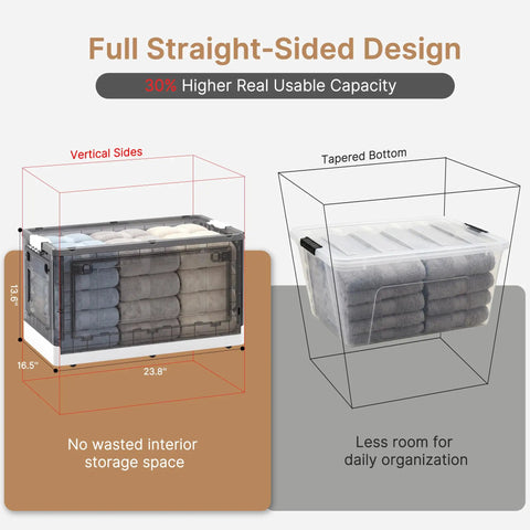 Hella Spacious Clear Stackable Storage Bins Three Pack With Lids And Rolling Wheels Collapsible Containers For Clothes Linens And Office Supplies No Fuss Ready Organization showcasing full straight-sided design with dimensions.