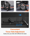 Heavy Duty Motorcycle Wheel Chock Stand With 1800 Lb Capacity Steel Construction 6 Adjustable Holes Fits 15 To 22 Inch Wheels Works With Off Road And Street Bikes Built To Last Tough As Nails For Real World Use, side view with three-hole adjustment feature