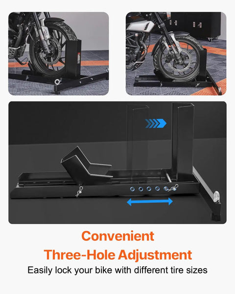 Heavy Duty Motorcycle Wheel Chock Stand With 1800 Lb Capacity Steel Construction 6 Adjustable Holes Fits 15 To 22 Inch Wheels Works With Off Road And Street Bikes Built To Last Tough As Nails For Real World Use, side view with three-hole adjustment feature