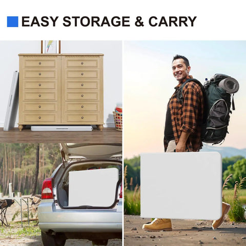 Collage of 6 Ft Folding Table For Indoor And Outdoor Use Heavy Duty Plastic Foldable Dining Surface in storage and carrying scenarios