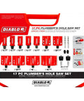 Pro Grade Bi Metal Hole Saw Kit For Plumbers With Snap Lock Plus Mandrel, Deep Cut 2 3 8 Inch Capacity, shown with saw cups and accessories