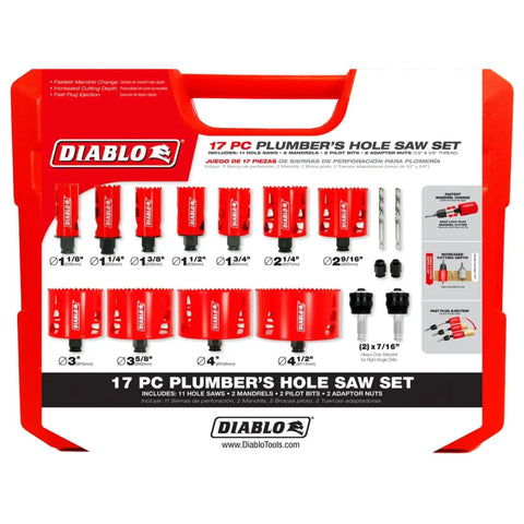 Pro Grade Bi Metal Hole Saw Kit For Plumbers With Snap Lock Plus Mandrel, Deep Cut 2 3 8 Inch Capacity, shown with saw cups and accessories