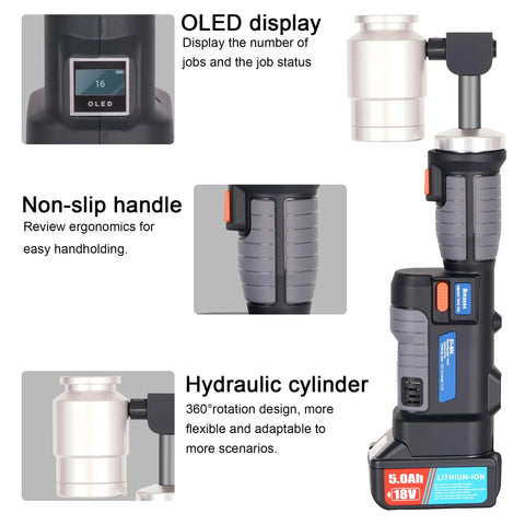 Battery Powered Hydraulic Knockout Punch Kit EZ 8AL with OLED display and non-slip handle, showcasing 8 ton driver and hydraulic cylinder.