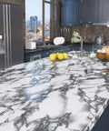 Grey Marble Peel And Stick Vinyl Wrap For Kitchen Countertops And Cabinets Self Adhesive Waterproof Durable No Mess Easy Peel DIY Friendly Removable 15.8 By 197 Inches 21.65 Sq Ft displaying a modern kitchen countertop setup