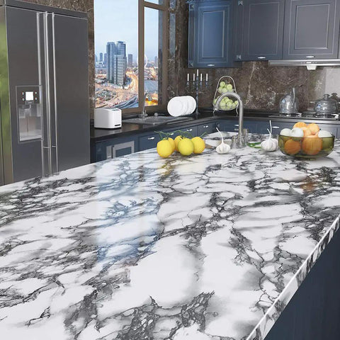 Grey Marble Peel And Stick Vinyl Wrap For Kitchen Countertops And Cabinets Self Adhesive Waterproof Durable No Mess Easy Peel DIY Friendly Removable 15.8 By 197 Inches 21.65 Sq Ft displaying a modern kitchen countertop setup