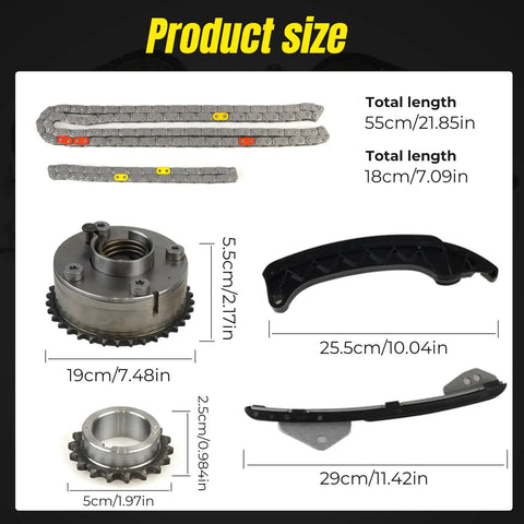 Race Ready Timing Chain Kit With 2 VVT Gear Sprockets For Toyota Prius Corolla Matrix Scion XD Pontiac Vibe 1.8L with product sizes.