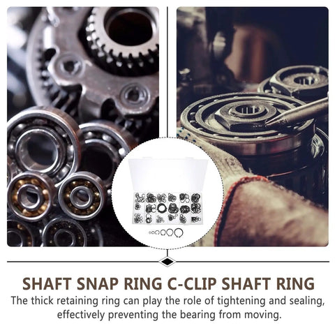 Pro Grade 225 Piece Carbon Steel C Shape External Snap Ring Kit for Industrial Shafts and Mechanical Assembly in use