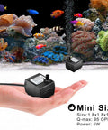Ultra Quiet Mini Submersible Water Pump 95 GPH 5W with 3.3 Ft Tubing shown in hand, aquarium fish tank background.