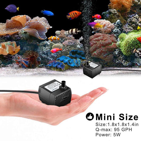 Ultra Quiet Mini Submersible Water Pump 95 GPH 5W with 3.3 Ft Tubing shown in hand, aquarium fish tank background.