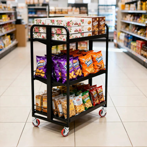 Snacks displayed on a black trolley with 5 Inch Industrial Casters With Low Noise Polyurethane Wheels in a store aisle