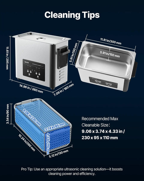 6L Stainless Steel Ultrasonic Cleaner With Digital Display and Cleaning Basket dimensions for effective cleaning, featuring digital controls.