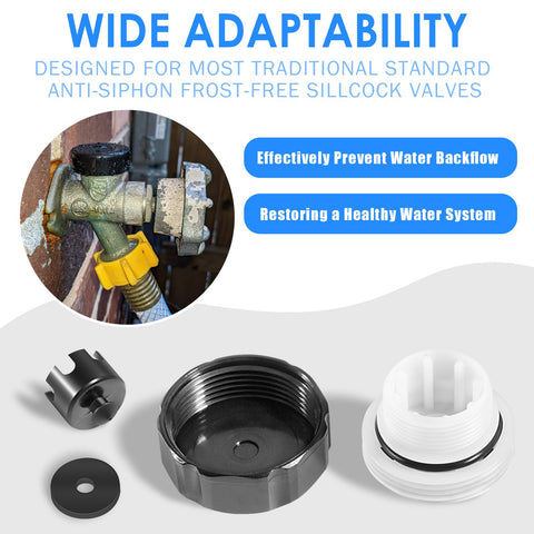 Vacuum Breaker Kit For Traditional Anti Siphon Frost Free Sillcock Valves Replacement Prevent Backflow And Water Contamination Easy Install displayed with components and attached to garden hose faucet
