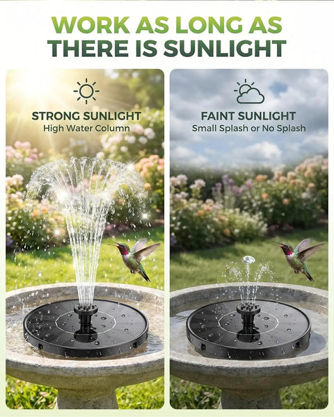 Solar Fountain Kit For Bird Bath And Ponds With 1.4W Pump, 7 Nozzles, And 4 Fixed Pipes in sunlight comparison
