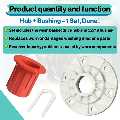 Product image of Washer Basket Drive Hub Kit And 52719 Basket Bushing Set for top loaders with install instructions.